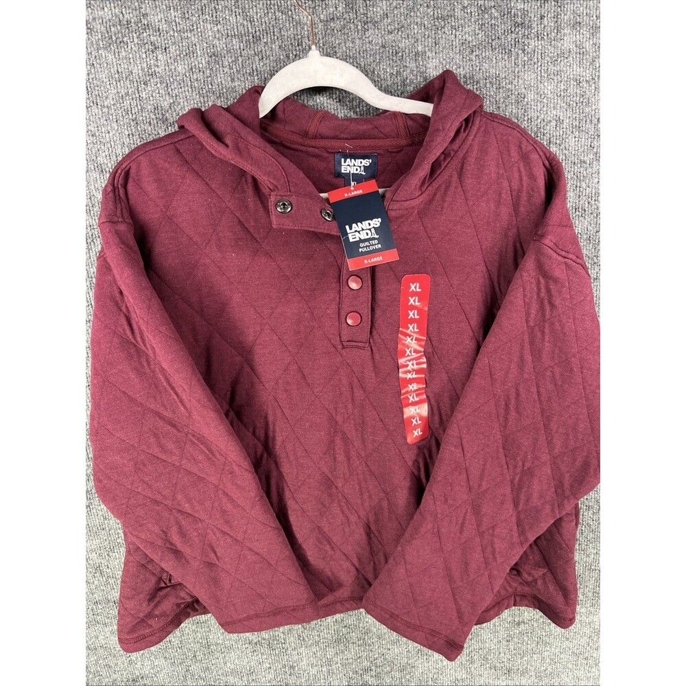 Lands’ End Quilted Pullover Hoodie XL Burgundy Snap Neck NWT